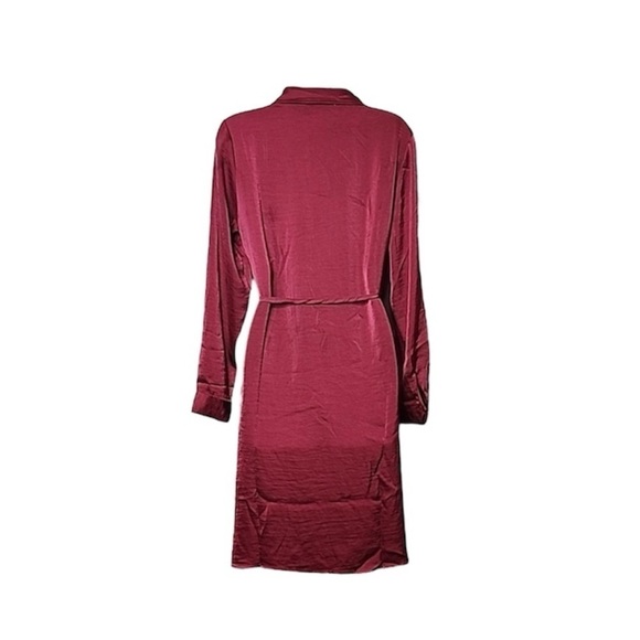 Lucky Brand Satin Feel Long Sleeve Dress Tie Waist Midi Red Burgundy Size Medium - Picture 2 of 7